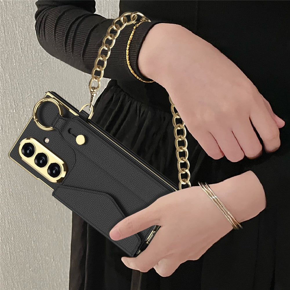 GKK For Samsung Galaxy Z Fold7 5G Case with PU Strap Kickstand / Metal Chain Electroplated PC Tempered Glass Phone Cover - Green