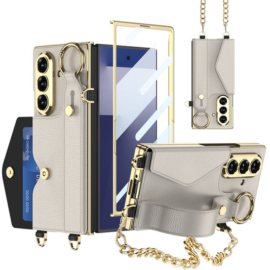 GKK For Samsung Galaxy Z Fold7 5G Case with PU Strap Kickstand / Metal Chain Electroplated PC Tempered Glass Phone Cover - Titanium Grey