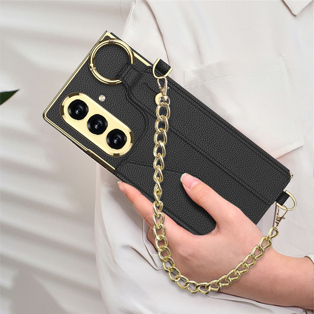 GKK For Samsung Galaxy Z Fold7 5G Case with PU Strap Kickstand / Metal Chain Electroplated PC Tempered Glass Phone Cover - Titanium Grey
