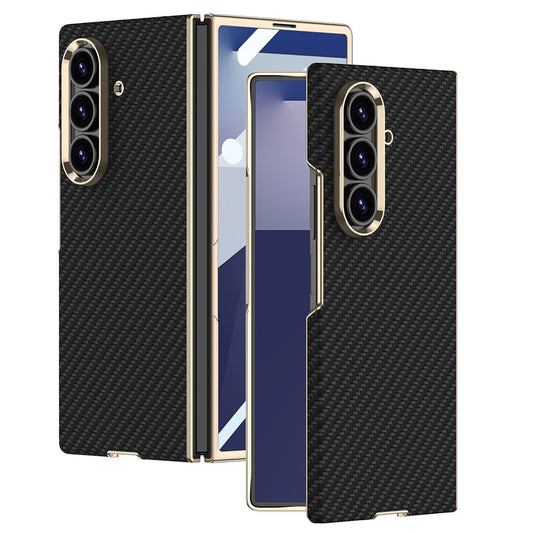 GKK For Samsung Galaxy Z Fold7 5G Case Electroplated PC + PU Phone Cover with Tempered Glass Front Film - Carbon Fiber Texture