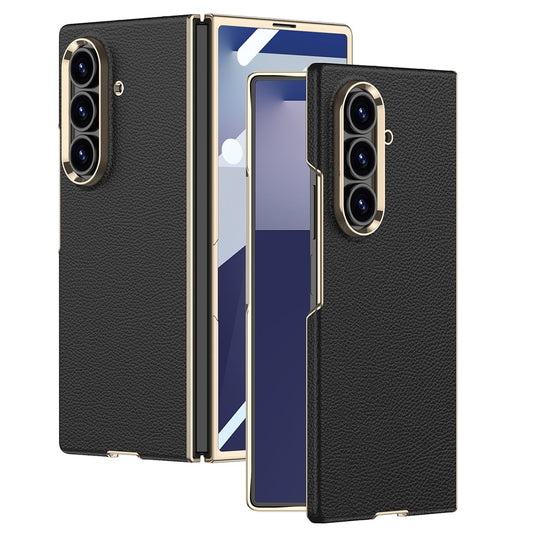 GKK For Samsung Galaxy Z Fold7 5G Case Electroplated PC + PU Phone Cover with Tempered Glass Front Film - Black