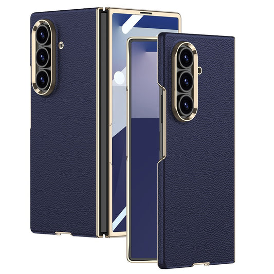 GKK For Samsung Galaxy Z Fold7 5G Case Electroplated PC + PU Phone Cover with Tempered Glass Front Film - Blue