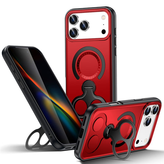 For iPhone 17 Pro Max Magnetic Case TPU + PC Shockproof Phone Cover with Dual Hole Kickstand - Red