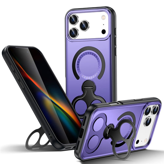 For iPhone 17 Pro Max Magnetic Case TPU + PC Shockproof Phone Cover with Dual Hole Kickstand - Purple