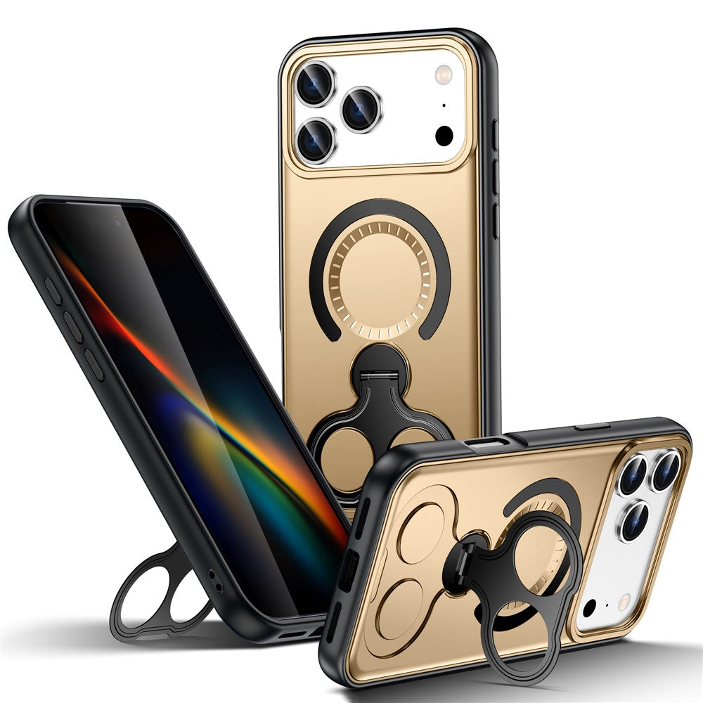 For iPhone 17 Pro Max Magnetic Case TPU + PC Shockproof Phone Cover with Dual Hole Kickstand - Gold