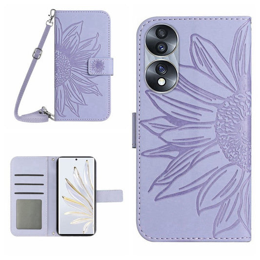 For Honor 70 5G Anti-drop Imprinted Sunflower PU Leather Wallet Phone Case Skin-touch Stand Magnetic Closure Cell Phone Cover with Shoulder Strap - Light Purple