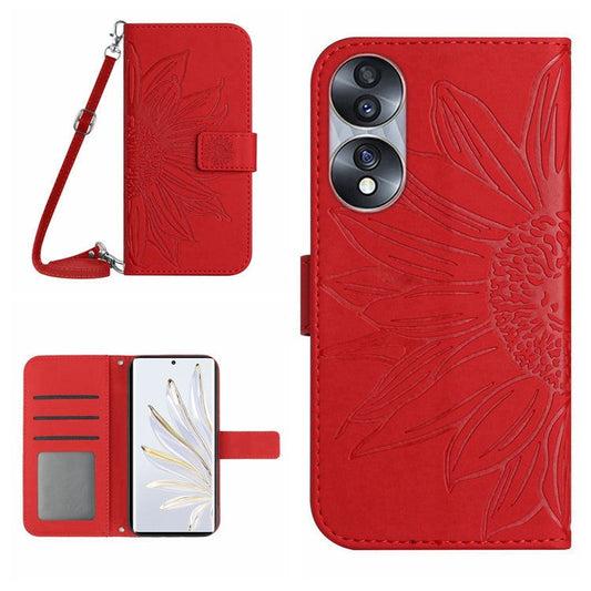 For Honor 70 5G Anti-drop Imprinted Sunflower PU Leather Wallet Phone Case Skin-touch Stand Magnetic Closure Cell Phone Cover with Shoulder Strap - Red