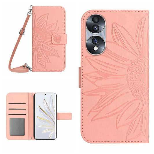 For Honor 70 5G Anti-drop Imprinted Sunflower PU Leather Wallet Phone Case Skin-touch Stand Magnetic Closure Cell Phone Cover with Shoulder Strap - Light Pink