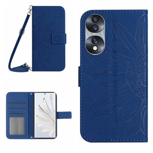 For Honor 70 5G Anti-drop Imprinted Sunflower PU Leather Wallet Phone Case Skin-touch Stand Magnetic Closure Cell Phone Cover with Shoulder Strap - Sapphire