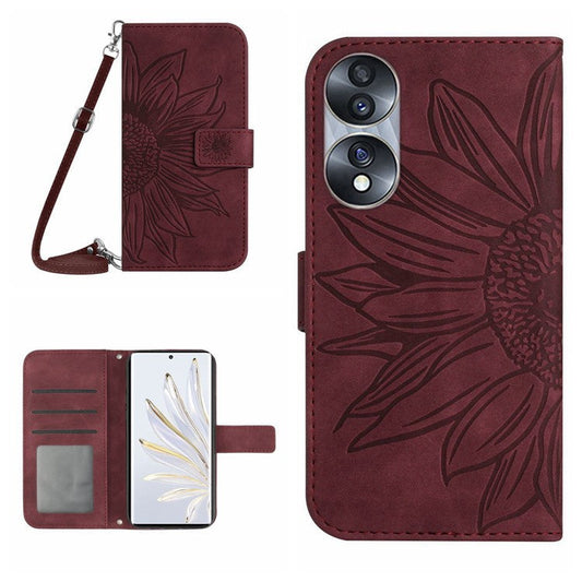 For Honor 70 5G Anti-drop Imprinted Sunflower PU Leather Wallet Phone Case Skin-touch Stand Magnetic Closure Cell Phone Cover with Shoulder Strap - Wine Red