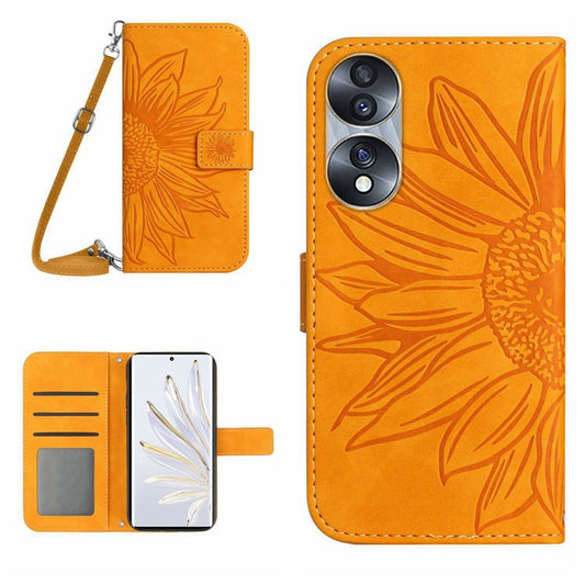 For Honor 70 5G Anti-drop Imprinted Sunflower PU Leather Wallet Phone Case Skin-touch Stand Magnetic Closure Cell Phone Cover with Shoulder Strap - Yellow