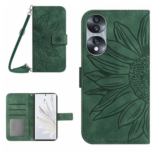 For Honor 70 5G Anti-drop Imprinted Sunflower PU Leather Wallet Phone Case Skin-touch Stand Magnetic Closure Cell Phone Cover with Shoulder Strap - Dark Green