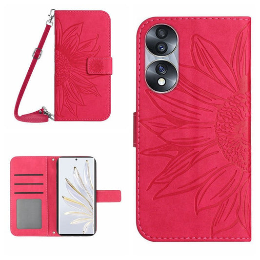 For Honor 70 5G Anti-drop Imprinted Sunflower PU Leather Wallet Phone Case Skin-touch Stand Magnetic Closure Cell Phone Cover with Shoulder Strap - Rose