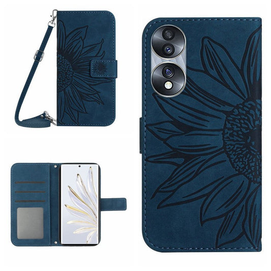 For Honor 70 5G Anti-drop Imprinted Sunflower PU Leather Wallet Phone Case Skin-touch Stand Magnetic Closure Cell Phone Cover with Shoulder Strap - Dark Blue