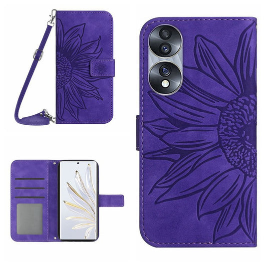 For Honor 70 5G Anti-drop Imprinted Sunflower PU Leather Wallet Phone Case Skin-touch Stand Magnetic Closure Cell Phone Cover with Shoulder Strap - Dark Purple