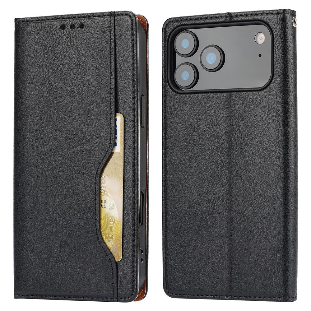 For iPhone 17 Pro Max Cell Phone Case Magnetic Closing PU Leather Stand Cover - Black