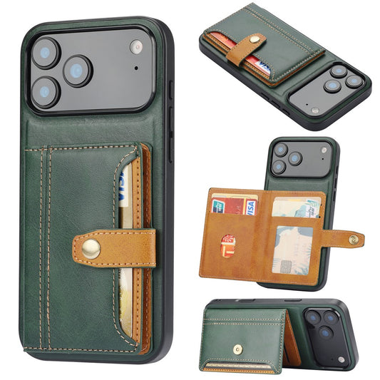 For iPhone 17 Pro Max Case Calf Texture Card Holder PU Leather + TPU Kicsktand Phone Cover - Green