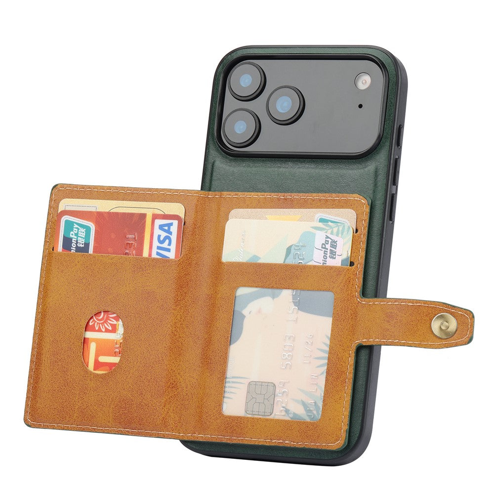 For iPhone 17 Pro Max Case Calf Texture Card Holder PU Leather + TPU Kicsktand Phone Cover - Green
