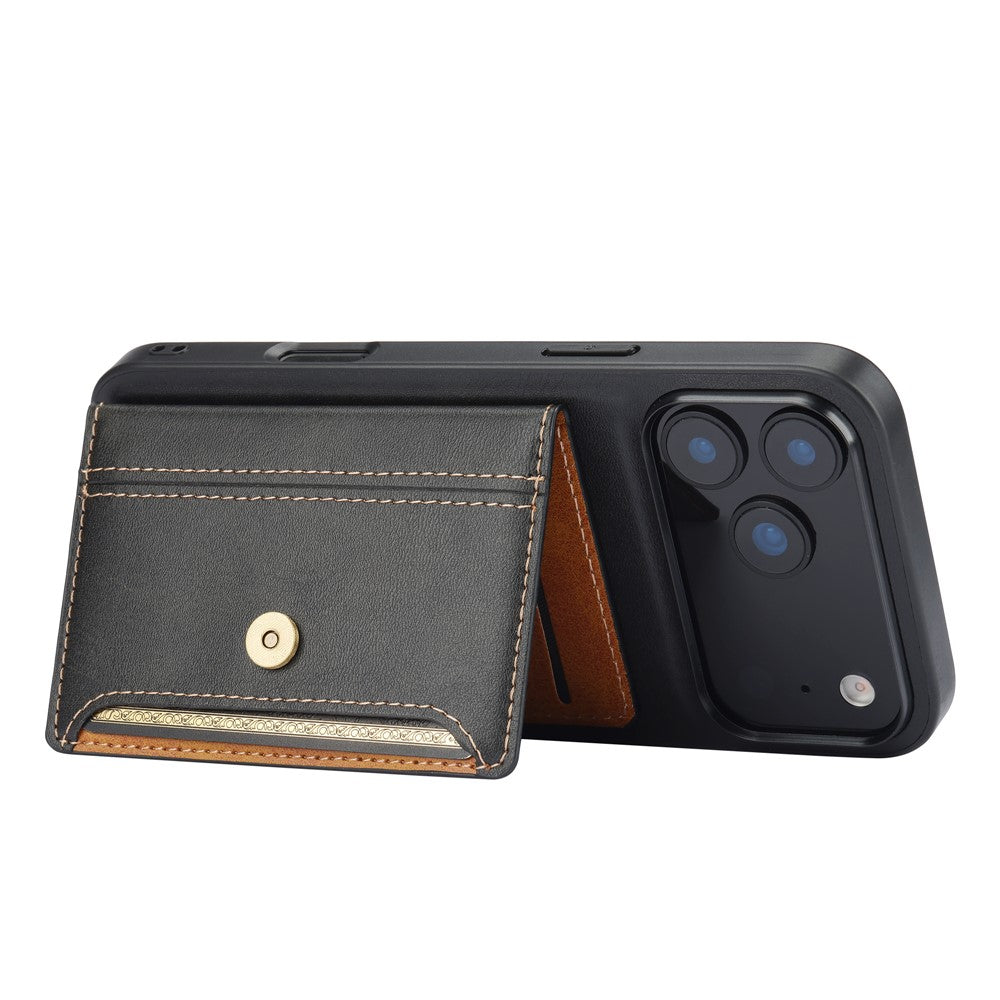 For iPhone 17 Pro Max Case Calf Texture Card Holder PU Leather + TPU Kicsktand Phone Cover - Black