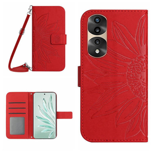 Full Protection Skin-touch Phone Case For Honor 70 Pro 5G / 70 Pro+ 5G, Imprinted Sunflower PU Leather Flip Wallet Stand Cover with Shoulder Strap - Red