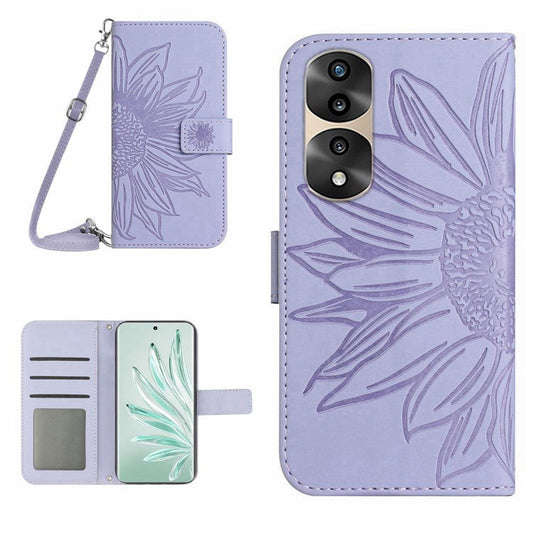 Full Protection Skin-touch Phone Case For Honor 70 Pro 5G / 70 Pro+ 5G, Imprinted Sunflower PU Leather Flip Wallet Stand Cover with Shoulder Strap - Light Purple