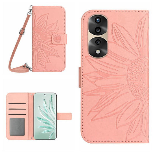 Full Protection Skin-touch Phone Case For Honor 70 Pro 5G / 70 Pro+ 5G, Imprinted Sunflower PU Leather Flip Wallet Stand Cover with Shoulder Strap - Light Pink