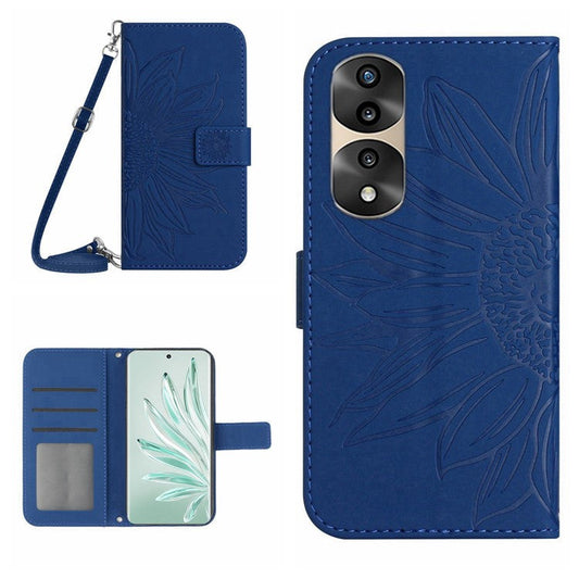 Full Protection Skin-touch Phone Case For Honor 70 Pro 5G / 70 Pro+ 5G, Imprinted Sunflower PU Leather Flip Wallet Stand Cover with Shoulder Strap - Sapphire
