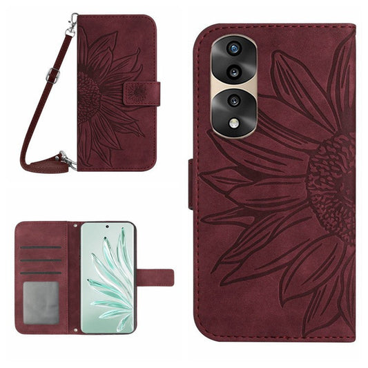 Full Protection Skin-touch Phone Case For Honor 70 Pro 5G / 70 Pro+ 5G, Imprinted Sunflower PU Leather Flip Wallet Stand Cover with Shoulder Strap - Wine Red