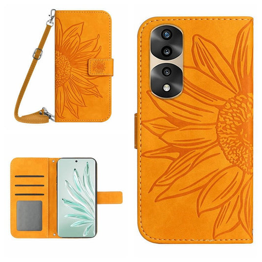 Full Protection Skin-touch Phone Case For Honor 70 Pro 5G / 70 Pro+ 5G, Imprinted Sunflower PU Leather Flip Wallet Stand Cover with Shoulder Strap - Yellow