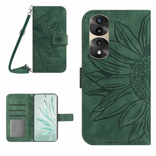 Full Protection Skin-touch Phone Case For Honor 70 Pro 5G / 70 Pro+ 5G, Imprinted Sunflower PU Leather Flip Wallet Stand Cover with Shoulder Strap - Dark Green