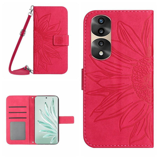 Full Protection Skin-touch Phone Case For Honor 70 Pro 5G / 70 Pro+ 5G, Imprinted Sunflower PU Leather Flip Wallet Stand Cover with Shoulder Strap - Rose