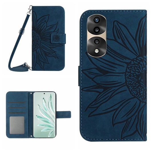 Full Protection Skin-touch Phone Case For Honor 70 Pro 5G / 70 Pro+ 5G, Imprinted Sunflower PU Leather Flip Wallet Stand Cover with Shoulder Strap - Dark Blue