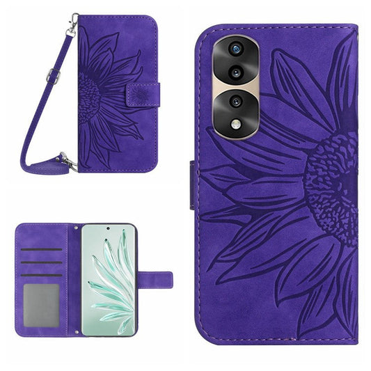 Full Protection Skin-touch Phone Case For Honor 70 Pro 5G / 70 Pro+ 5G, Imprinted Sunflower PU Leather Flip Wallet Stand Cover with Shoulder Strap - Dark Purple