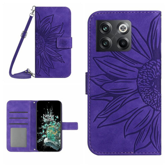 Anti-scratch Skin-touch Phone Case For OnePlus 10T 5G / Ace Pro 5G HT04 Imprinted Sunflower PU Leather Wallet Stand Cover with Shoulder Strap - Dark Purple