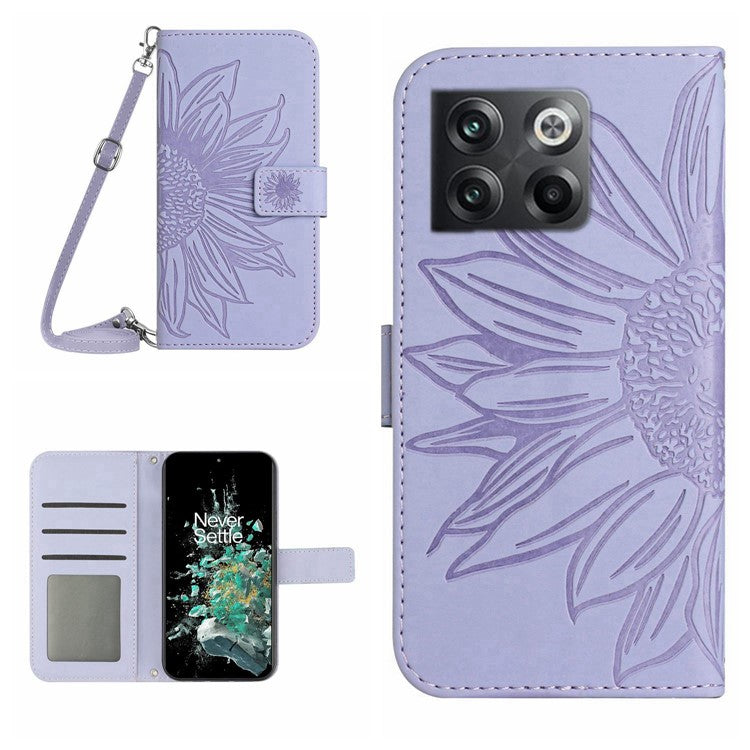 Anti-scratch Skin-touch Phone Case For OnePlus 10T 5G / Ace Pro 5G HT04 Imprinted Sunflower PU Leather Wallet Stand Cover with Shoulder Strap - Light Purple