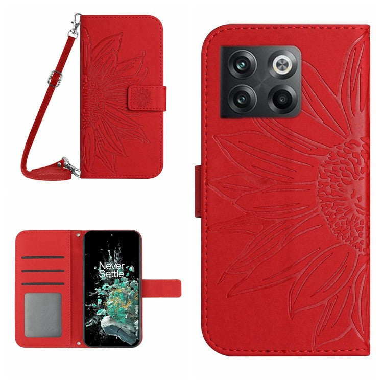 Anti-scratch Skin-touch Phone Case For OnePlus 10T 5G / Ace Pro 5G HT04 Imprinted Sunflower PU Leather Wallet Stand Cover with Shoulder Strap - Red