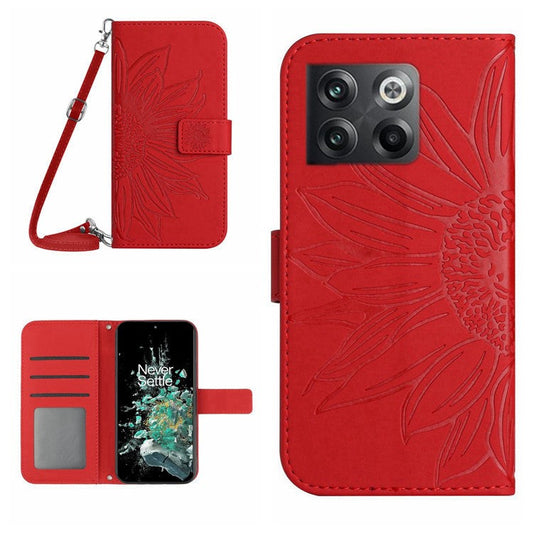 Anti-scratch Skin-touch Phone Case For OnePlus 10T 5G / Ace Pro 5G HT04 Imprinted Sunflower PU Leather Wallet Stand Cover with Shoulder Strap - Red