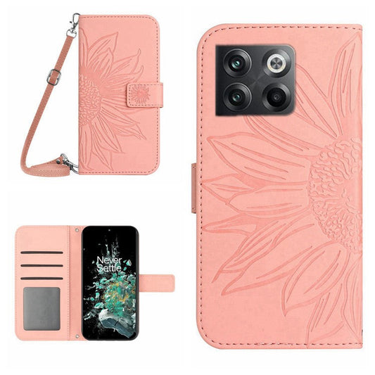 Anti-scratch Skin-touch Phone Case For OnePlus 10T 5G / Ace Pro 5G HT04 Imprinted Sunflower PU Leather Wallet Stand Cover with Shoulder Strap - Light Pink