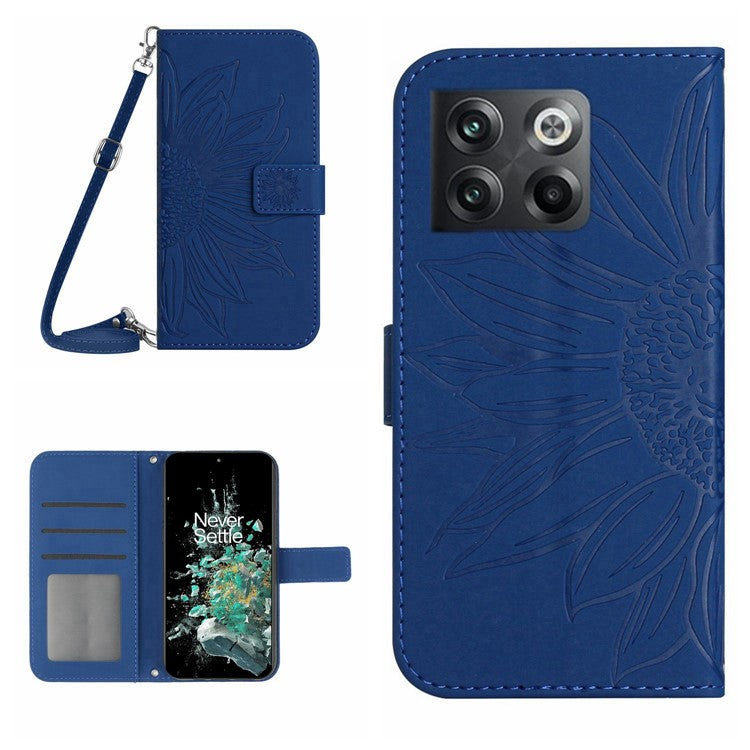 Anti-scratch Skin-touch Phone Case For OnePlus 10T 5G / Ace Pro 5G HT04 Imprinted Sunflower PU Leather Wallet Stand Cover with Shoulder Strap - Sapphire