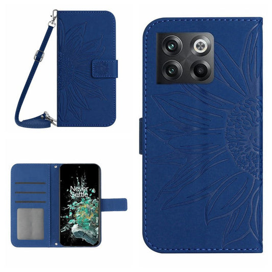 Anti-scratch Skin-touch Phone Case For OnePlus 10T 5G / Ace Pro 5G HT04 Imprinted Sunflower PU Leather Wallet Stand Cover with Shoulder Strap - Sapphire