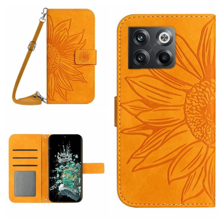 Anti-scratch Skin-touch Phone Case For OnePlus 10T 5G / Ace Pro 5G HT04 Imprinted Sunflower PU Leather Wallet Stand Cover with Shoulder Strap - Yellow