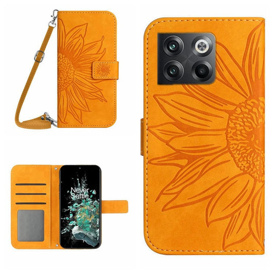 Anti-scratch Skin-touch Phone Case For OnePlus 10T 5G / Ace Pro 5G HT04 Imprinted Sunflower PU Leather Wallet Stand Cover with Shoulder Strap - Yellow