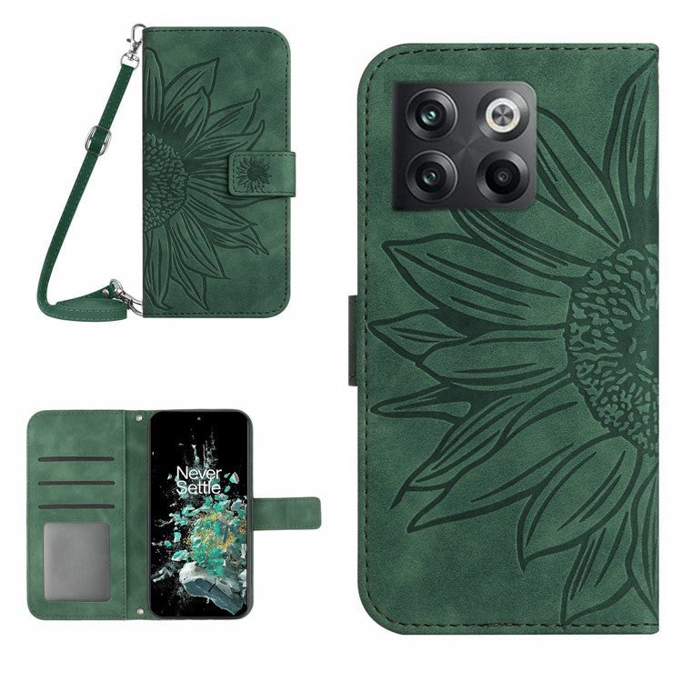 Anti-scratch Skin-touch Phone Case For OnePlus 10T 5G / Ace Pro 5G HT04 Imprinted Sunflower PU Leather Wallet Stand Cover with Shoulder Strap - Dark Green
