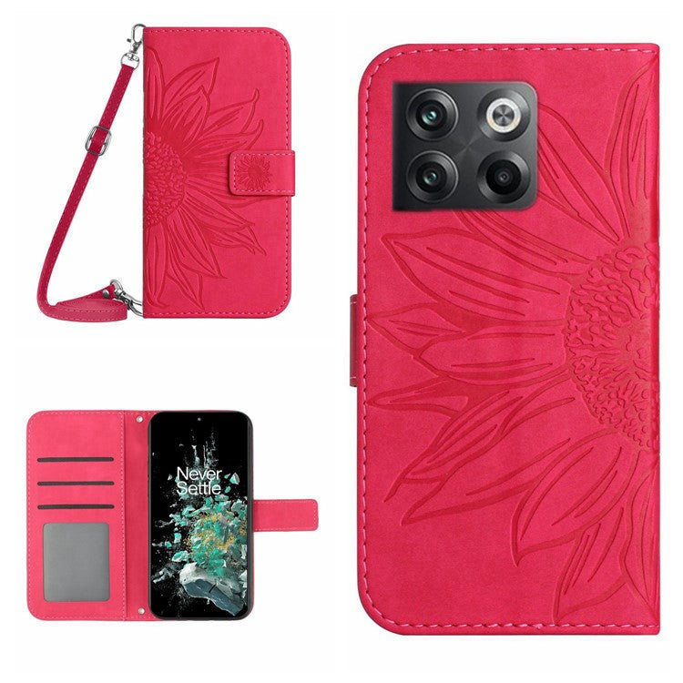 Anti-scratch Skin-touch Phone Case For OnePlus 10T 5G / Ace Pro 5G HT04 Imprinted Sunflower PU Leather Wallet Stand Cover with Shoulder Strap - Rose