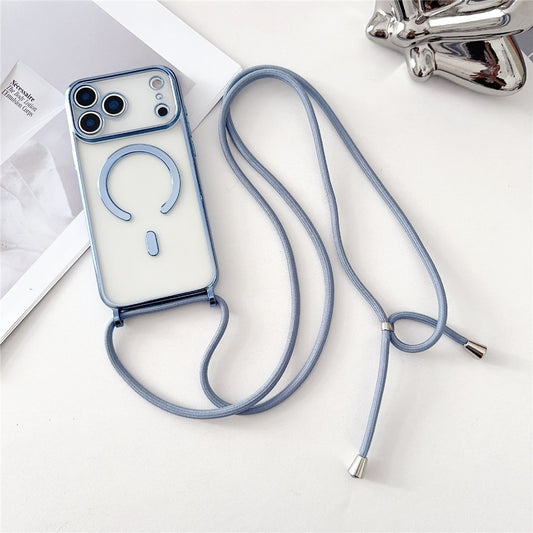 For iPhone 17 Pro Max Case Compatible with MagSafe Electroplating TPU Phone Cover with Long Lanyard - Blue