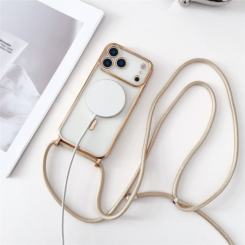 For iPhone 17 Pro Max Case Compatible with MagSafe Electroplating TPU Phone Cover with Long Lanyard - Silver