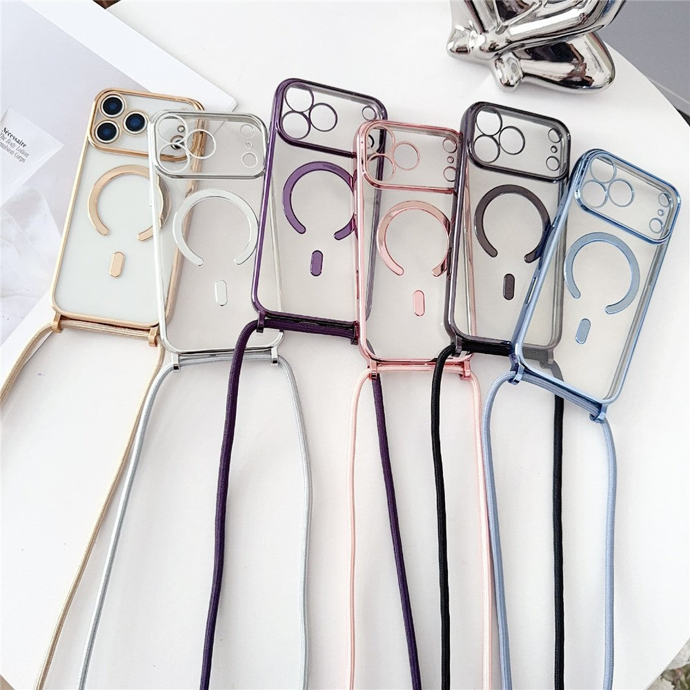 For iPhone 17 Pro Max Case Compatible with MagSafe Electroplating TPU Phone Cover with Long Lanyard - Silver