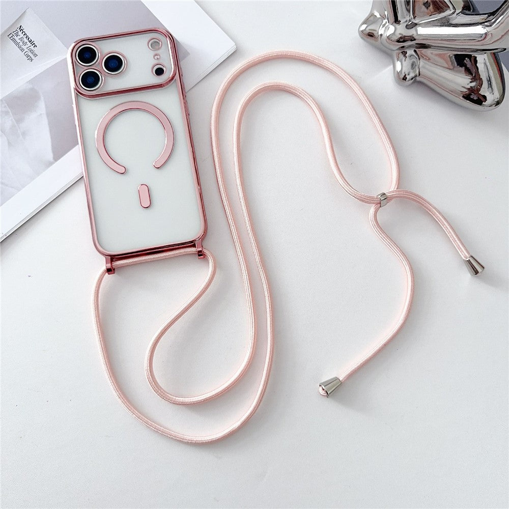 For iPhone 17 Pro Max Case Compatible with MagSafe Electroplating TPU Phone Cover with Long Lanyard - Rose Gold