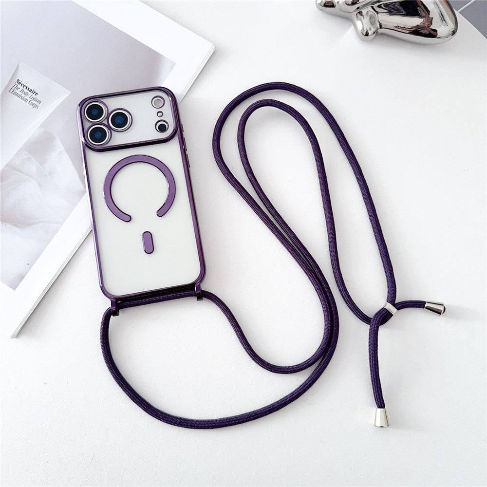 For iPhone 17 Pro Max Case Compatible with MagSafe Electroplating TPU Phone Cover with Long Lanyard - Purple