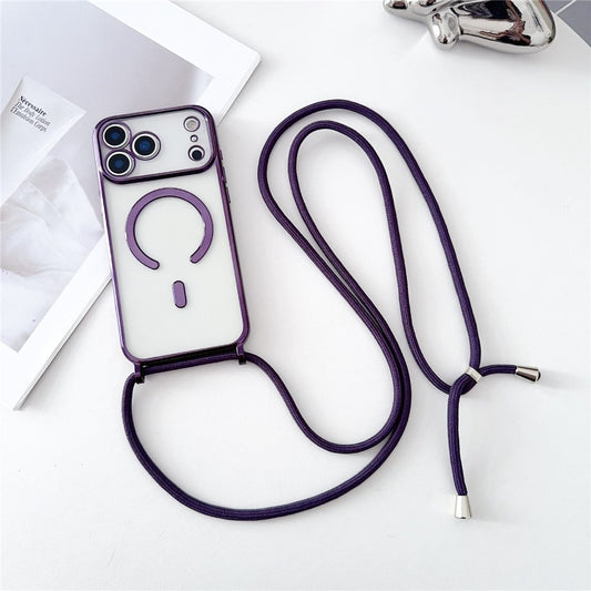For iPhone 17 Pro Max Case Compatible with MagSafe Electroplating TPU Phone Cover with Long Lanyard - Purple